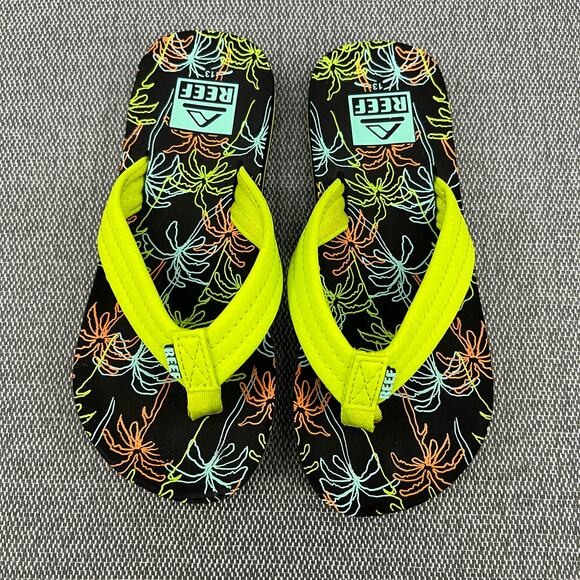 REEF Kids Boys Uni Thong Flip Flop Sandals Size 13 Black Green Tropical Night - Picture 2 of 7